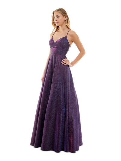 CITY STUDIO Womens Purple Zippered Lace-up Low Back Lined Spaghetti Strap V Neck Full-Length Prom Gown Dress Juniors 7