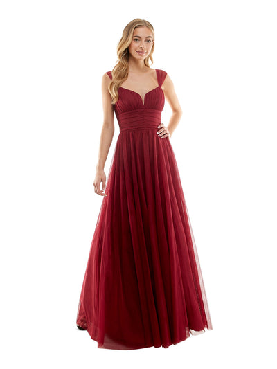 CITY STUDIO Womens Burgundy Zippered Pleated Lined Tulle Mesh Sleeveless V Neck Full-Length Prom Gown Dress Juniors 1