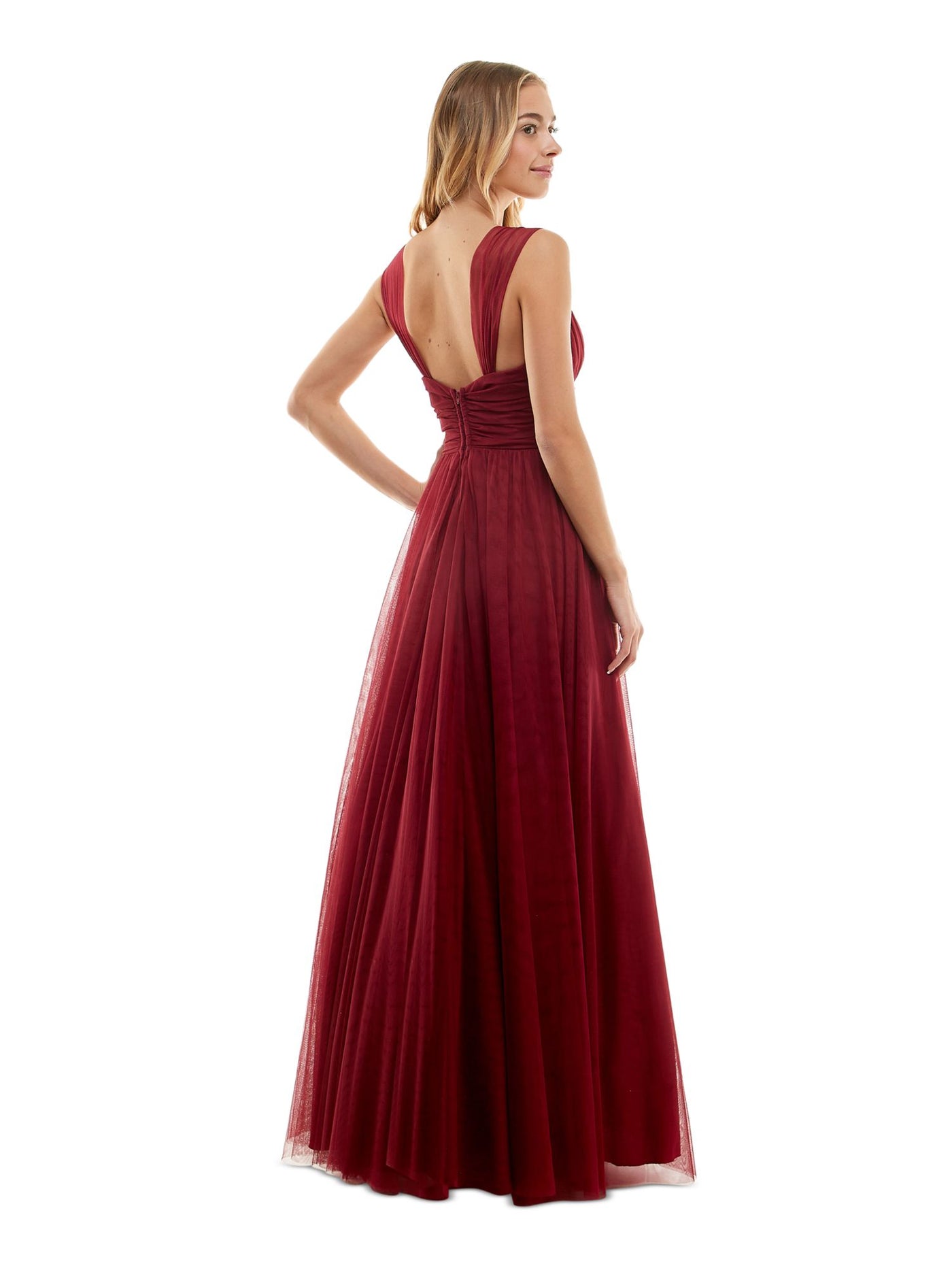 CITY STUDIO Womens Burgundy Zippered Pleated Lined Tulle Mesh Sleeveless V Neck Full-Length Prom Gown Dress Juniors 1