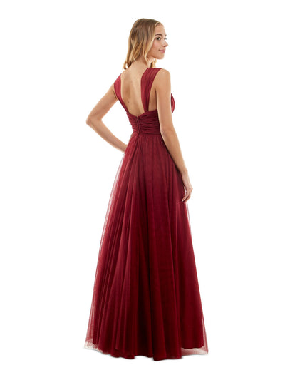 CITY STUDIO Womens Burgundy Zippered Pleated Lined Tulle Mesh Sleeveless V Neck Full-Length Prom Gown Dress Juniors 1