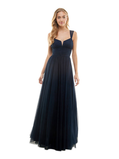 CITY STUDIO Womens Navy Zippered Pleated Lined Tulle Mesh Sleeveless V Neck Full-Length Prom Gown Dress Juniors 9