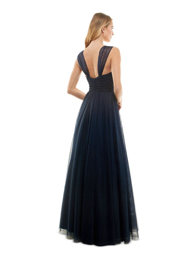 CITY STUDIO Womens Navy Zippered Pleated Lined Tulle Mesh Sleeveless V Neck Full-Length Gown Prom Dress 5