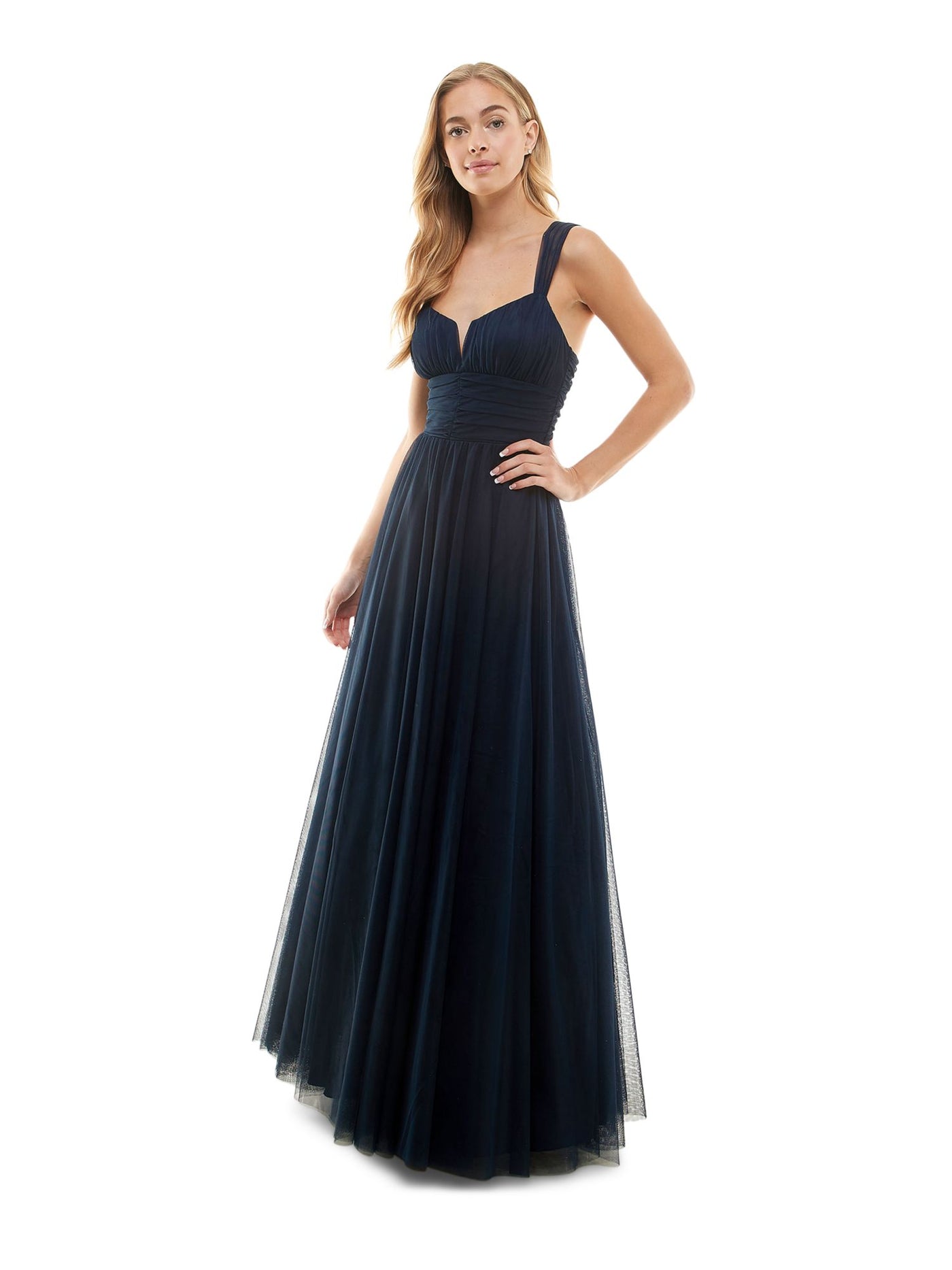 CITY STUDIO Womens Navy Zippered Pleated Lined Tulle Mesh Sleeveless V Neck Full-Length Prom Gown Dress Juniors 9