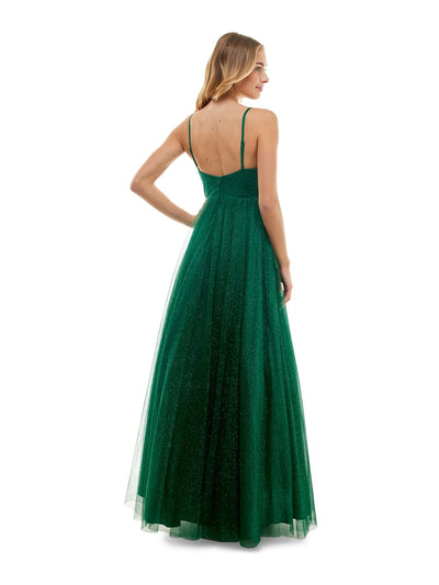 CITY STUDIO Womens Green Pleated Zippered Notched Neckline Lined Sleeveless Full-Length Formal Gown Dress Juniors 1