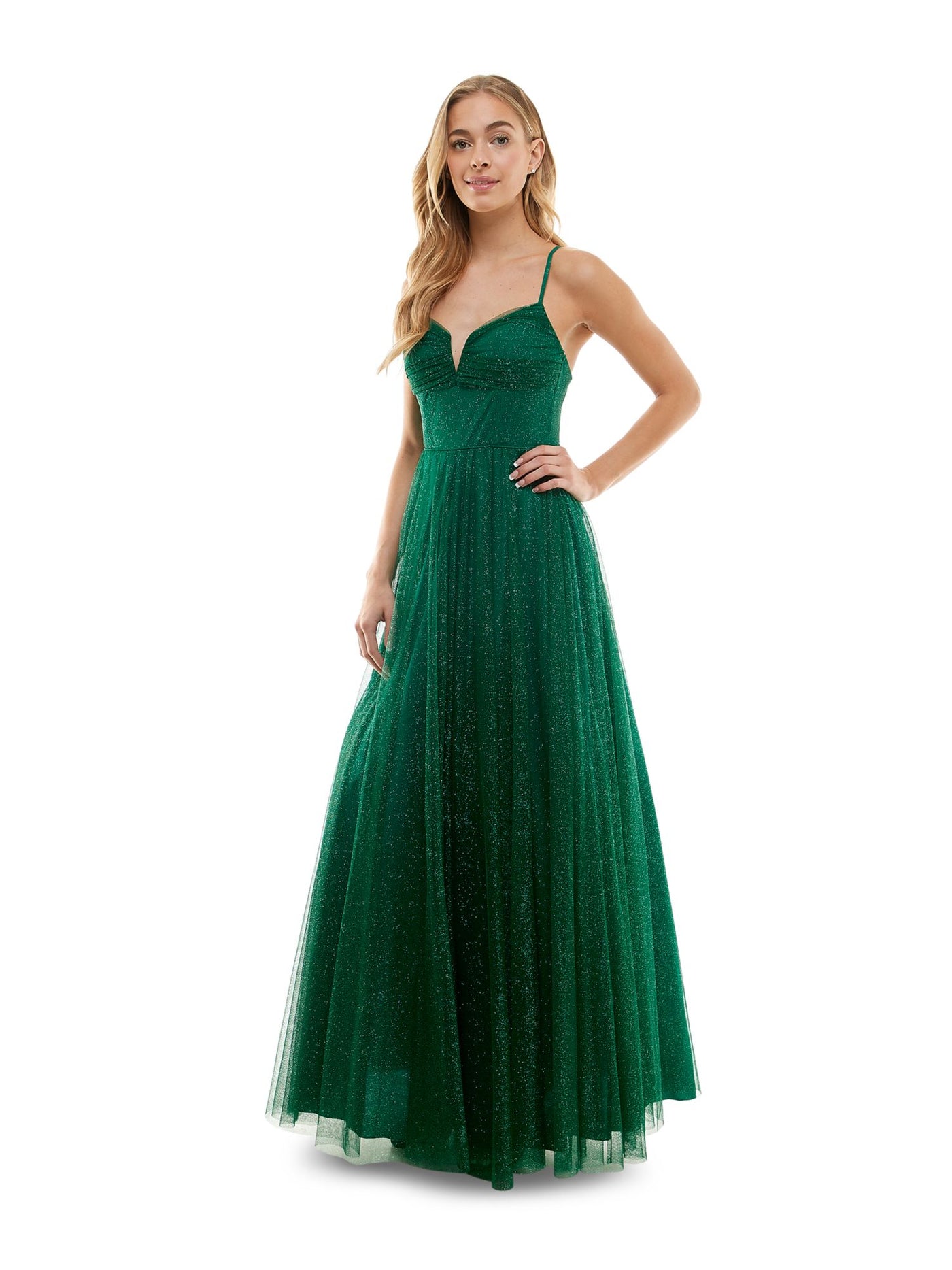 CITY STUDIO Womens Green Pleated Zippered Notched Neckline Lined Sleeveless Full-Length Formal Gown Dress Juniors 1