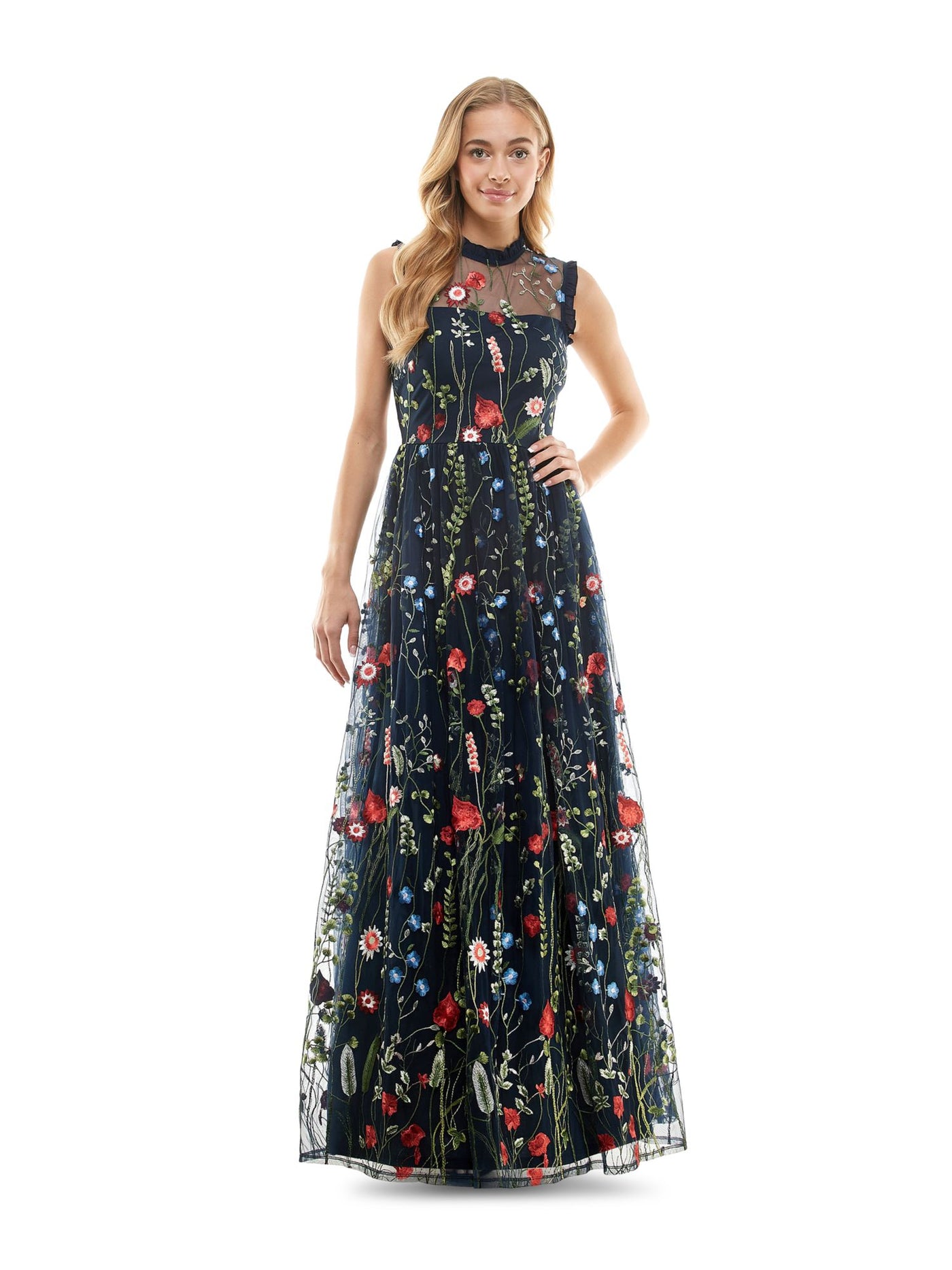CITY STUDIO Womens Navy Embroidered Ruffled Trim Floral Sleeveless Illusion Neckline Full-Length Evening Dress Juniors 7