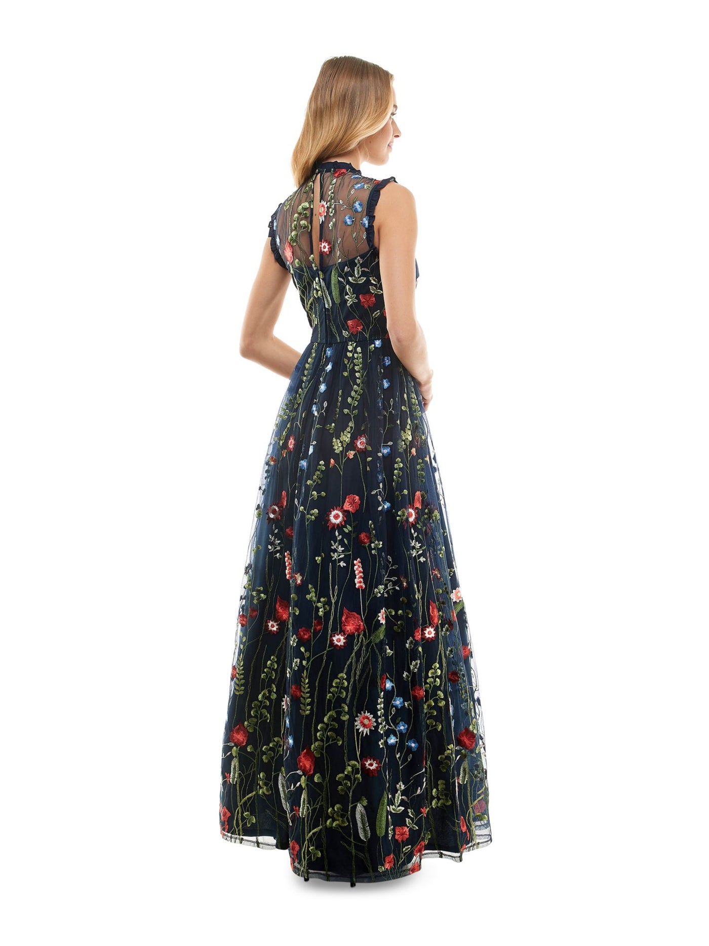 CITY STUDIO Womens Navy Embroidered Ruffled Trim Floral Sleeveless Illusion Neckline Full-Length Evening Dress Juniors 7
