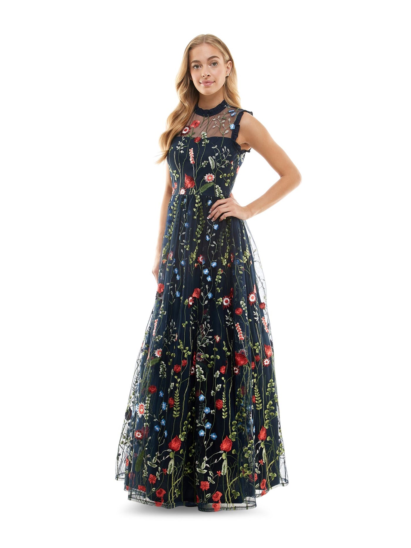 CITY STUDIO Womens Navy Embroidered Ruffled Trim Floral Sleeveless Illusion Neckline Full-Length Evening Dress Juniors 0