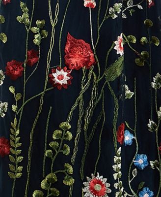 CITY STUDIO Womens Navy Embroidered Ruffled Trim Floral Sleeveless Illusion Neckline Full-Length Evening Dress