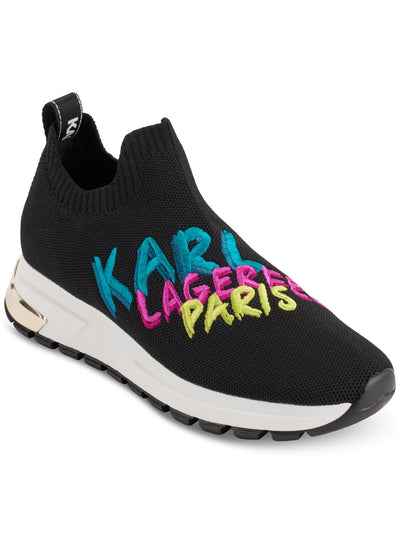 KARL LAGERFELD PARIS Womens Black Knit 1" Platform Back Pull-Tab Embroidered Padded Mirren Almond Toe Wedge Slip On Sneakers Shoes 6 M