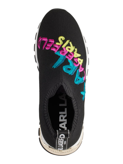 KARL LAGERFELD PARIS Womens Black Knit 1" Platform Back Pull-Tab Embroidered Padded Mirren Almond Toe Wedge Slip On Sneakers Shoes 6 M
