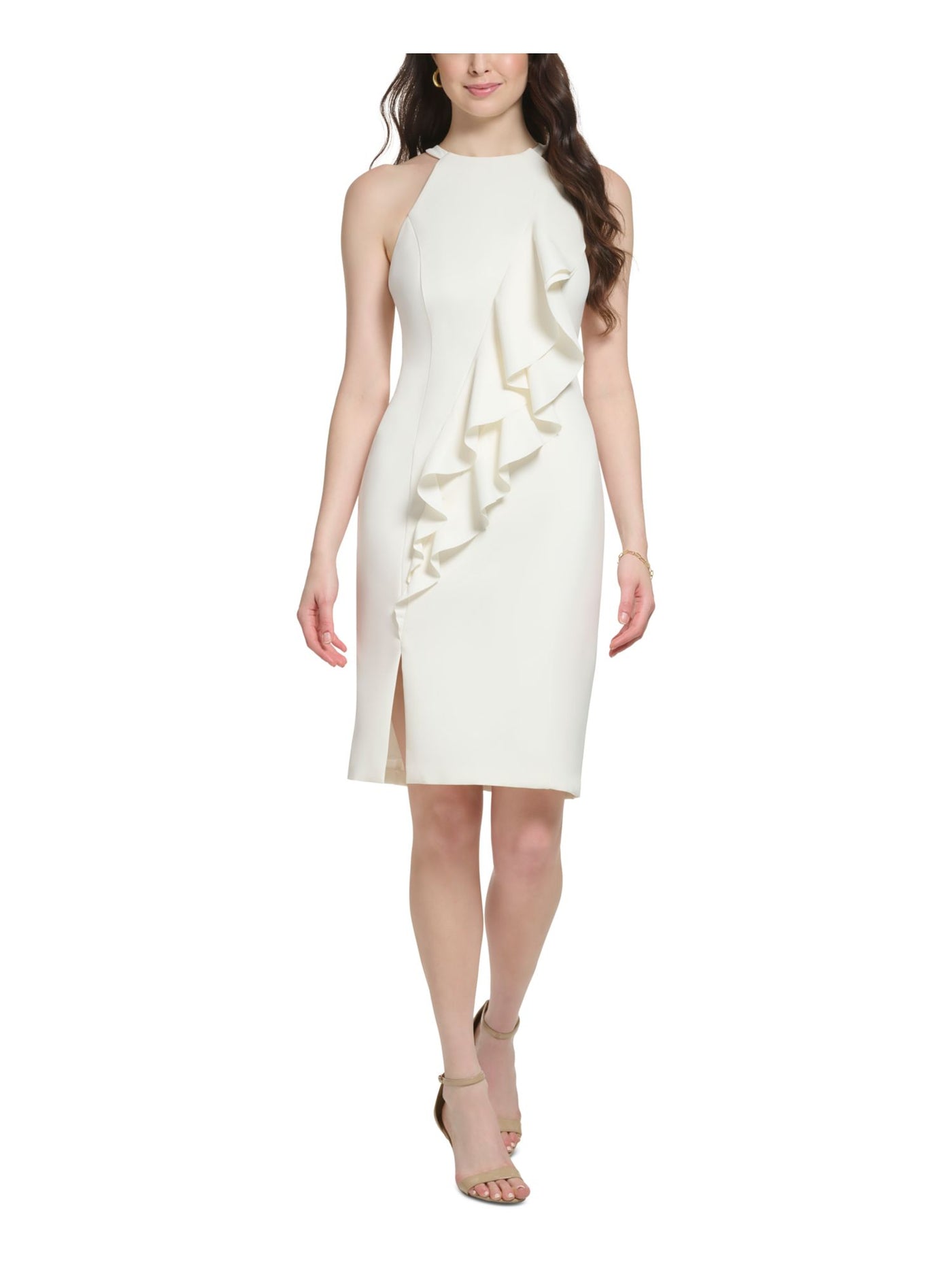 VINCE CAMUTO Womens Ivory Zippered Slitted Cascade Ruffle Lined Sleeveless Halter Above The Knee Party Body Con Dress 8