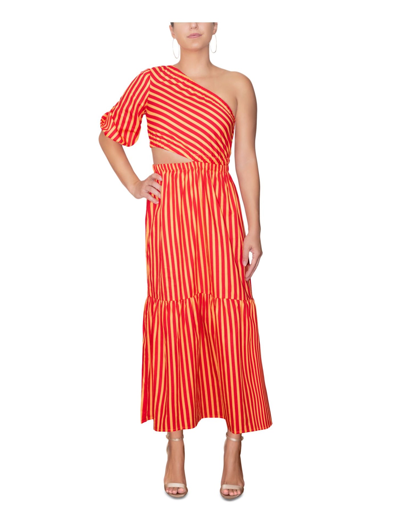 RACHEL RACHEL ROY Womens Red Cut Out Striped Short Sleeve Asymmetrical Neckline Maxi Shift Dress 14