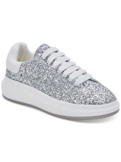 BLONDO Womens Silver Mixed Media Padded Waterproof Glitter Diva Round Toe Wedge Lace-Up Sneakers Shoes 8 M
