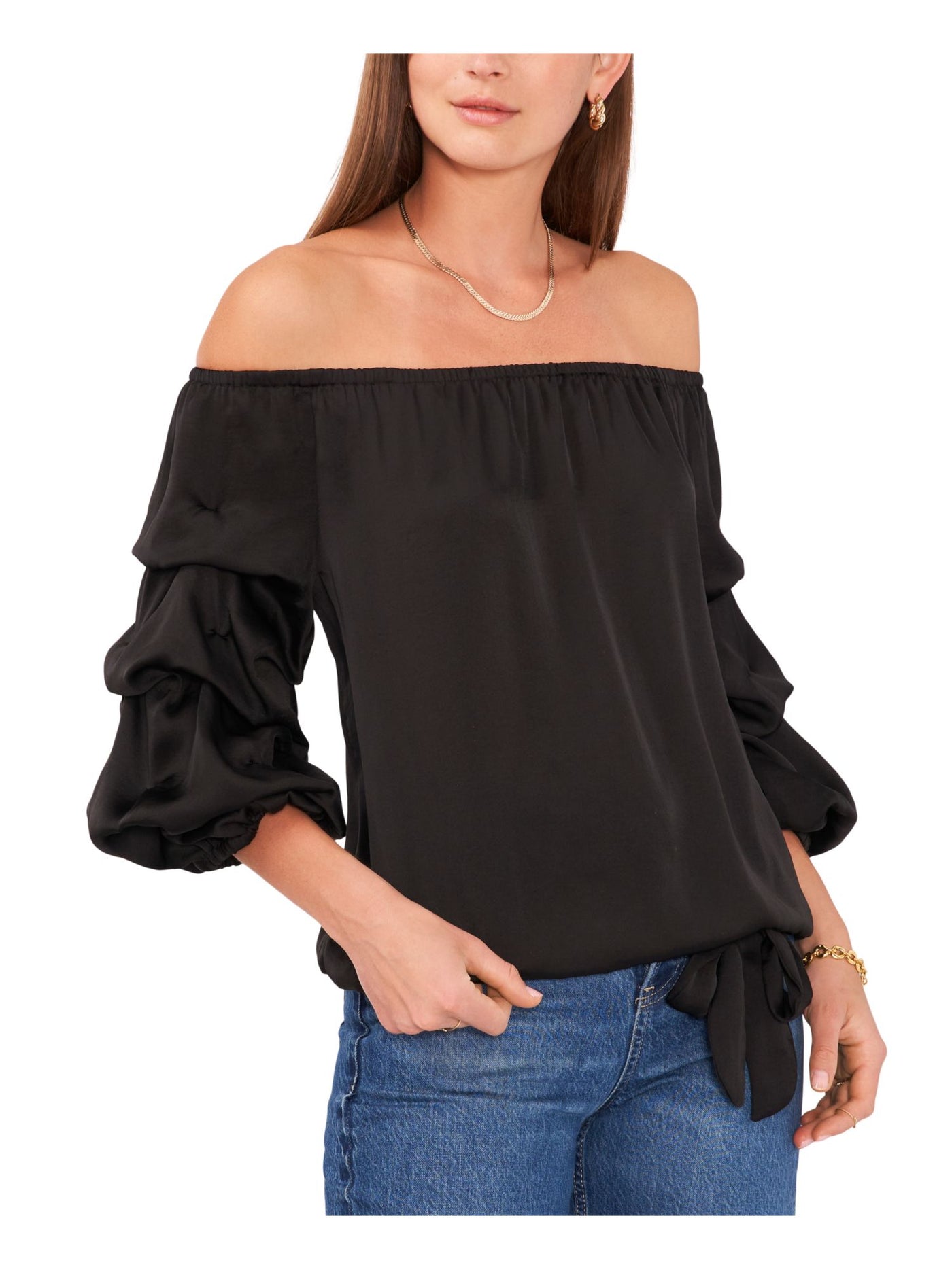VINCE CAMUTO Womens Black Tie Ruched Lined Elasticized Sheer Balloon Sleeve Off Shoulder Cocktail Top L