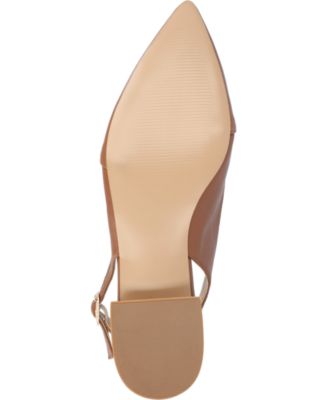 JOURNEE COLLECTION Womens Beige Mixed Media Faux Patent Padded Bertie Pointed Toe Block Heel Buckle Slingback Sandal