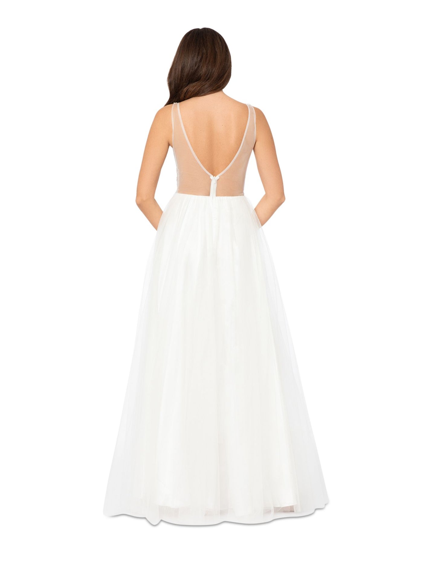 BLONDIE NITES Womens Ivory Rhinestone Zippered Sheer Corset-style Mesh Lined Floral Sleeveless V Neck Full-Length Party Gown Dress 11