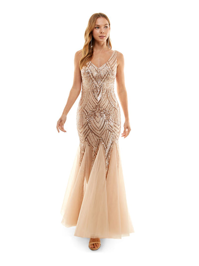 PEAR CULTURE Womens Beige Lined Zippered Sleeveless V Neck Maxi Prom Mermaid Dress Juniors 5\6