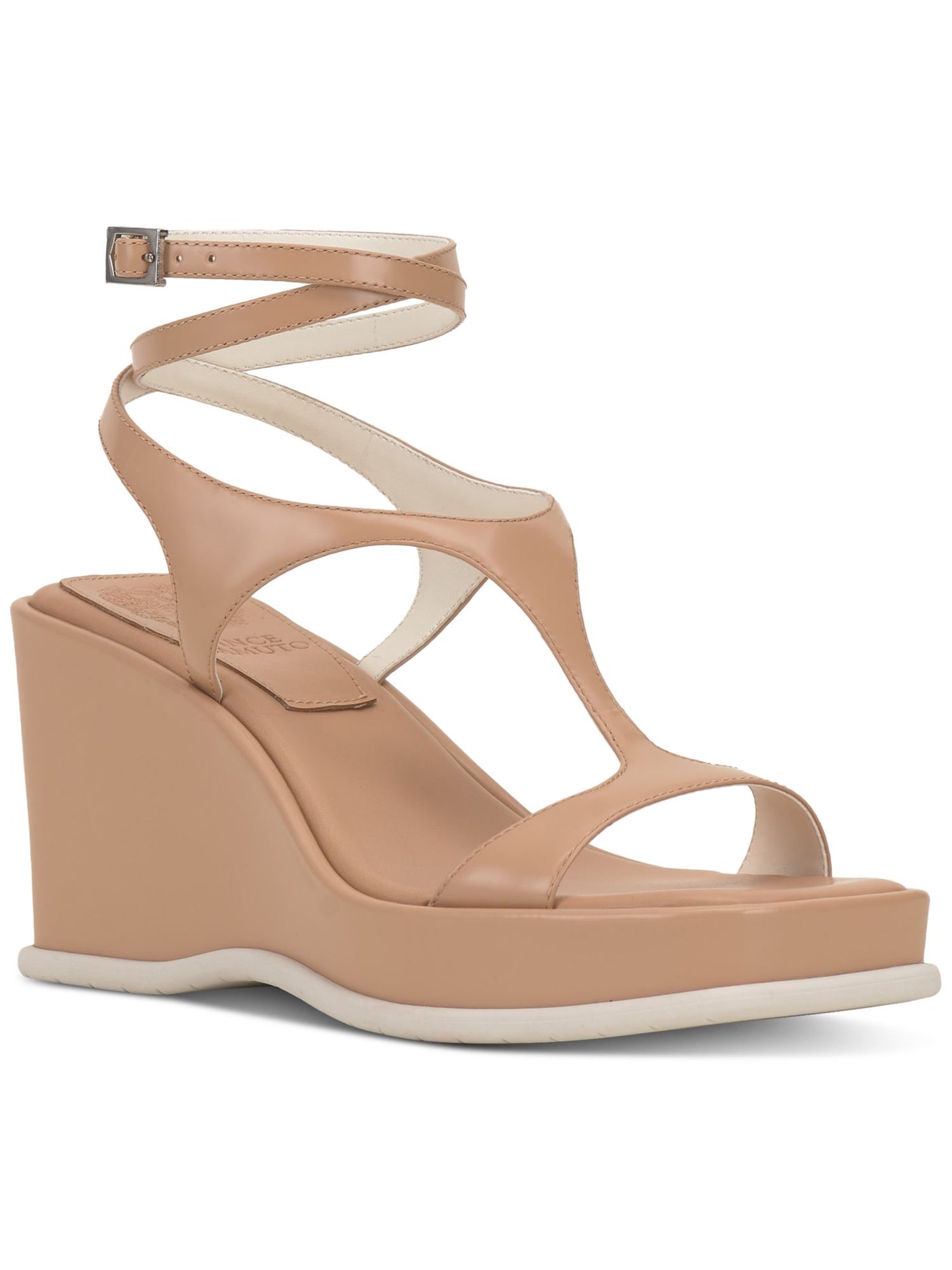 VINCE CAMUTO Womens Beige 1" Platformwrapping Ankle Strap T-Strap Cushioned Fetemee Square Toe Wedge Buckle Leather Heeled Sandal 9 M