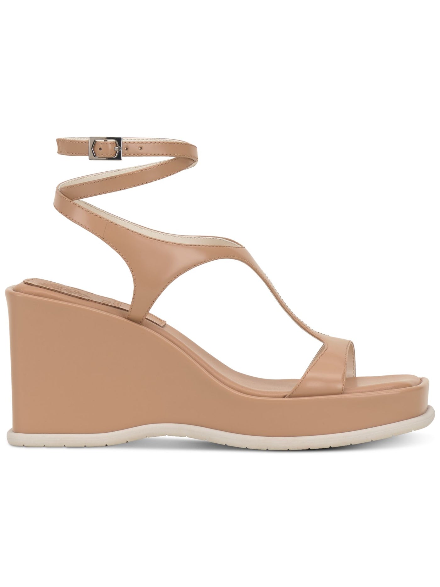 VINCE CAMUTO Womens Beige 1" Platformwrapping Ankle Strap T-Strap Cushioned Fetemee Square Toe Wedge Buckle Leather Heeled Sandal 9 M