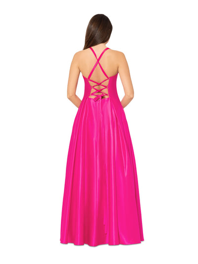 BLONDIE NITES Womens Pink Zippered Pocketed Lace-up Corset Bodice Lined Sleeveless Sweetheart Neckline Full-Length Formal Gown Dress Juniors 7
