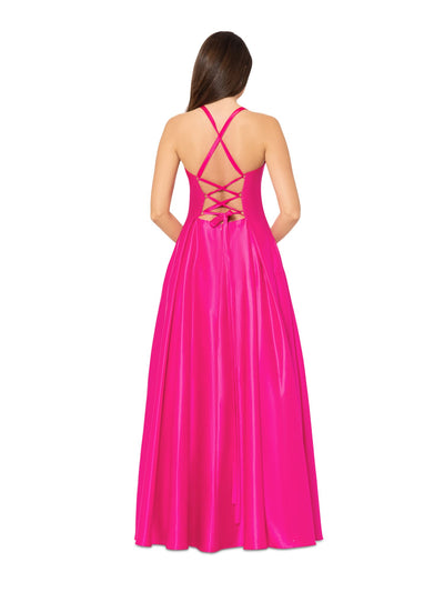 BLONDIE NITES Womens Pink Zippered Pocketed Lace-up Corset Bodice Lined Sleeveless Sweetheart Neckline Full-Length Formal Gown Dress 9