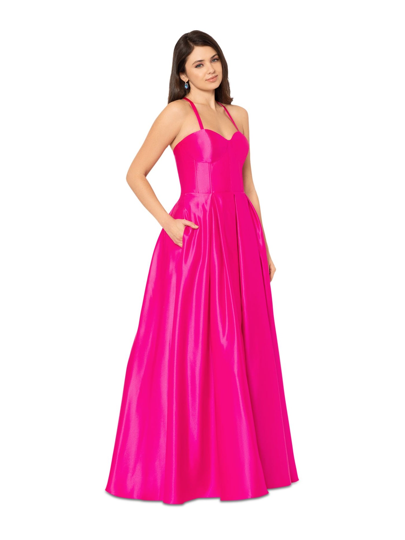 BLONDIE NITES Womens Pink Zippered Pocketed Lace-up Corset Bodice Lined Sleeveless Sweetheart Neckline Full-Length Formal Gown Dress Juniors 9