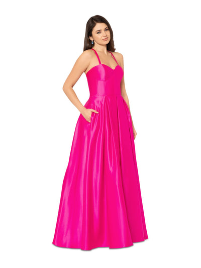 BLONDIE NITES Womens Pink Zippered Pocketed Lace-up Corset Bodice Lined Sleeveless Sweetheart Neckline Full-Length Formal Gown Dress Juniors 1