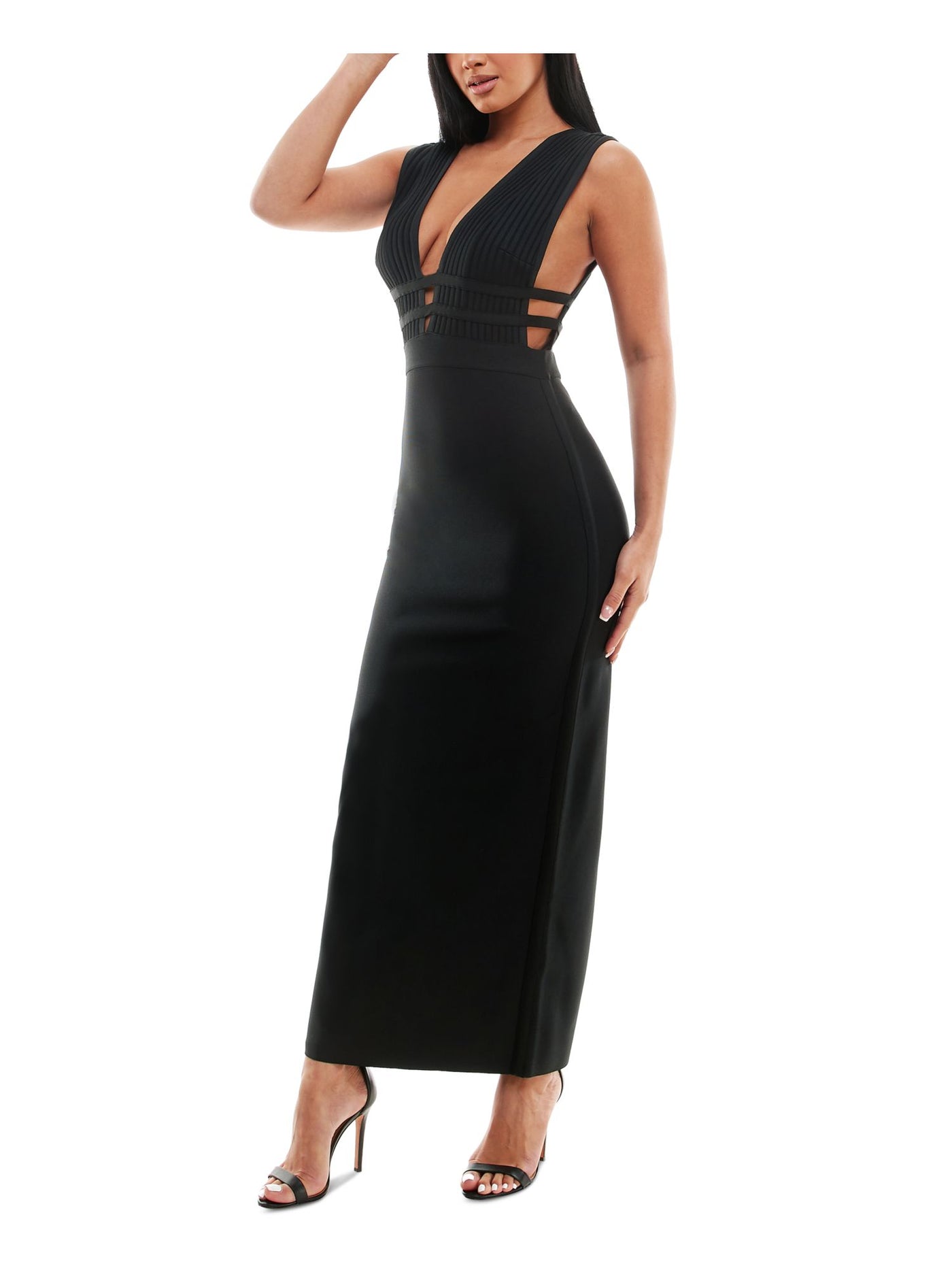 BEBE Womens Black Zippered Slitted Cage-detail Ribbed-bodice Sleeveless V Neck Full-Length Evening Gown Dress S
