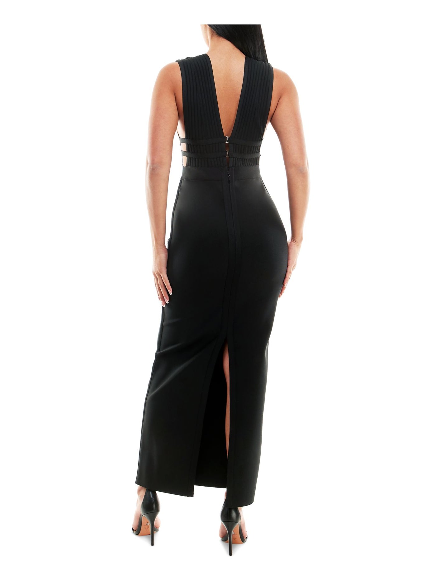 BEBE Womens Black Zippered Slitted Cage-detail Ribbed-bodice Sleeveless V Neck Full-Length Evening Gown Dress S