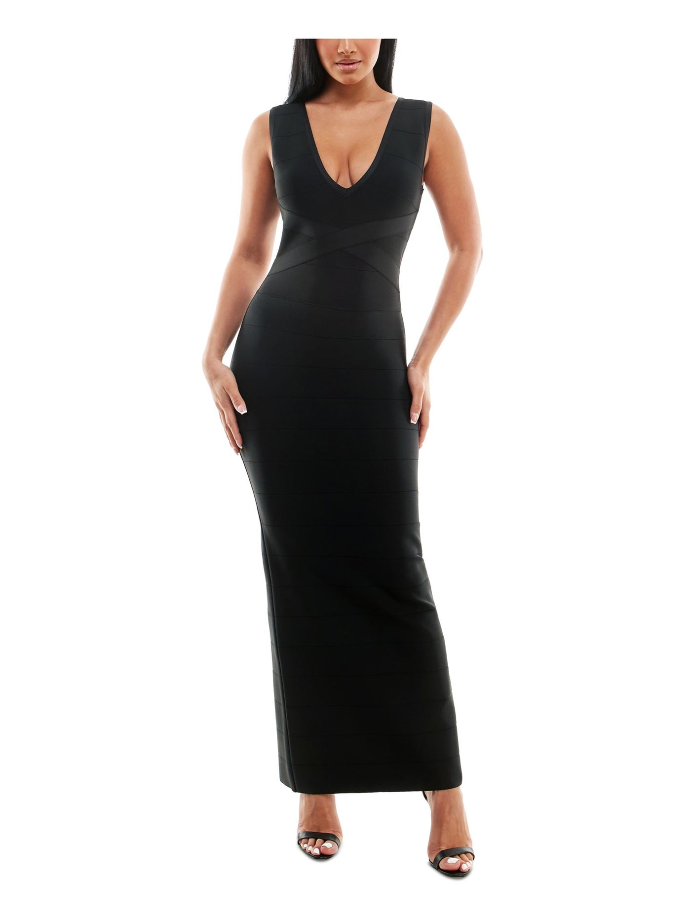 BEBE Womens Black Zippered Unlined V Back Slit Sleeveless V Neck Full-Length Cocktail Gown Dress M
