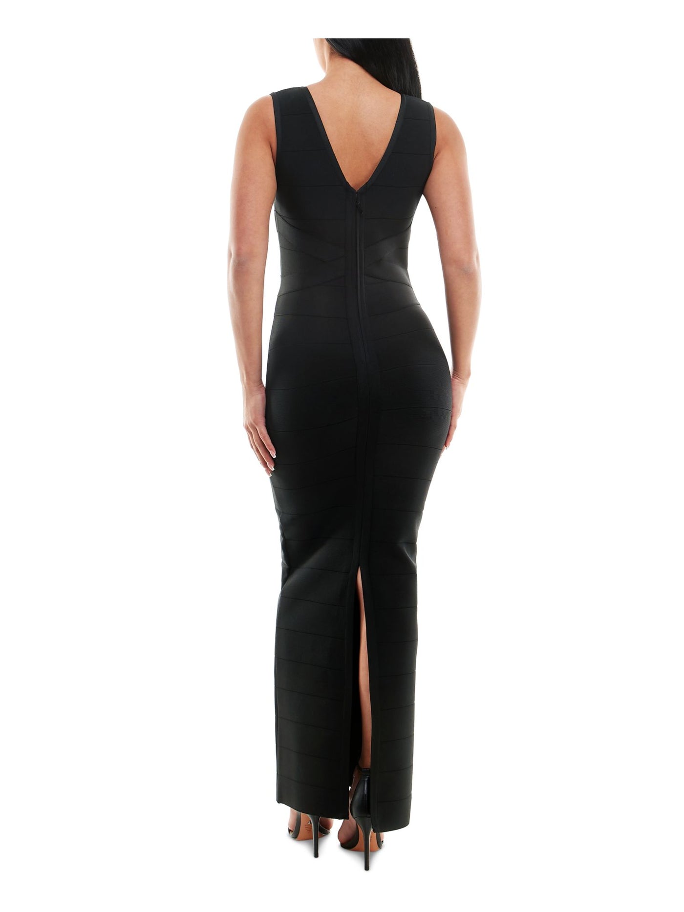 BEBE Womens Black Zippered Unlined V Back Slit Sleeveless V Neck Full-Length Cocktail Gown Dress M