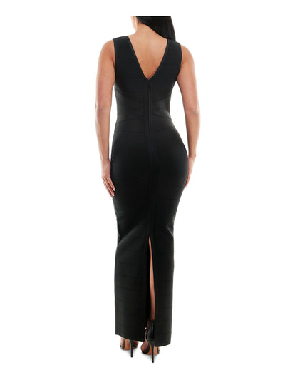 BEBE Womens Black Zippered Unlined V Back Slit Sleeveless V Neck Full-Length Cocktail Gown Dress S