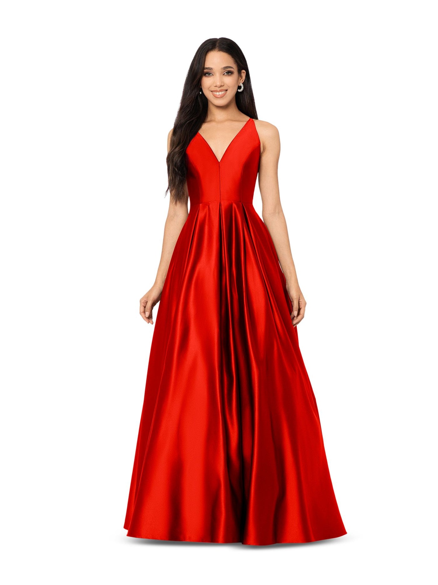 BLONDIE Womens Red Zippered Pocketed Pleated Lined Tie Back Cutout Spaghetti Strap V Neck Full-Length Formal Gown Dress Juniors 1