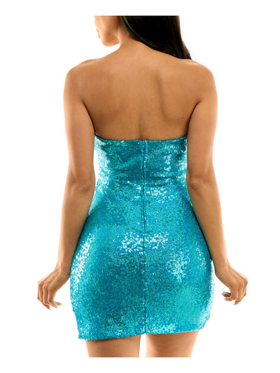 B DARLIN Womens Turquoise Sequined Zippered Lined Boning Slit Sleeveless Strapless Mini Party Sheath Dress Juniors 15\16