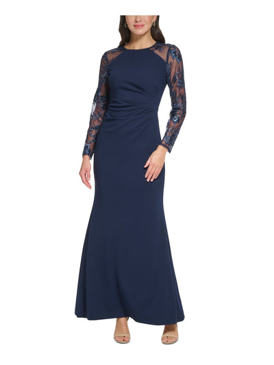 ELIZA J Womens Navy Zippered Lined Sequined Lace Sleeves Padded Long Sleeve Jewel Neck Full-Length Formal Gown Dress 4