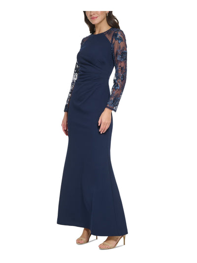 ELIZA J Womens Navy Zippered Lined Sequined Lace Sleeves Padded Long Sleeve Jewel Neck Full-Length Formal Gown Dress 4