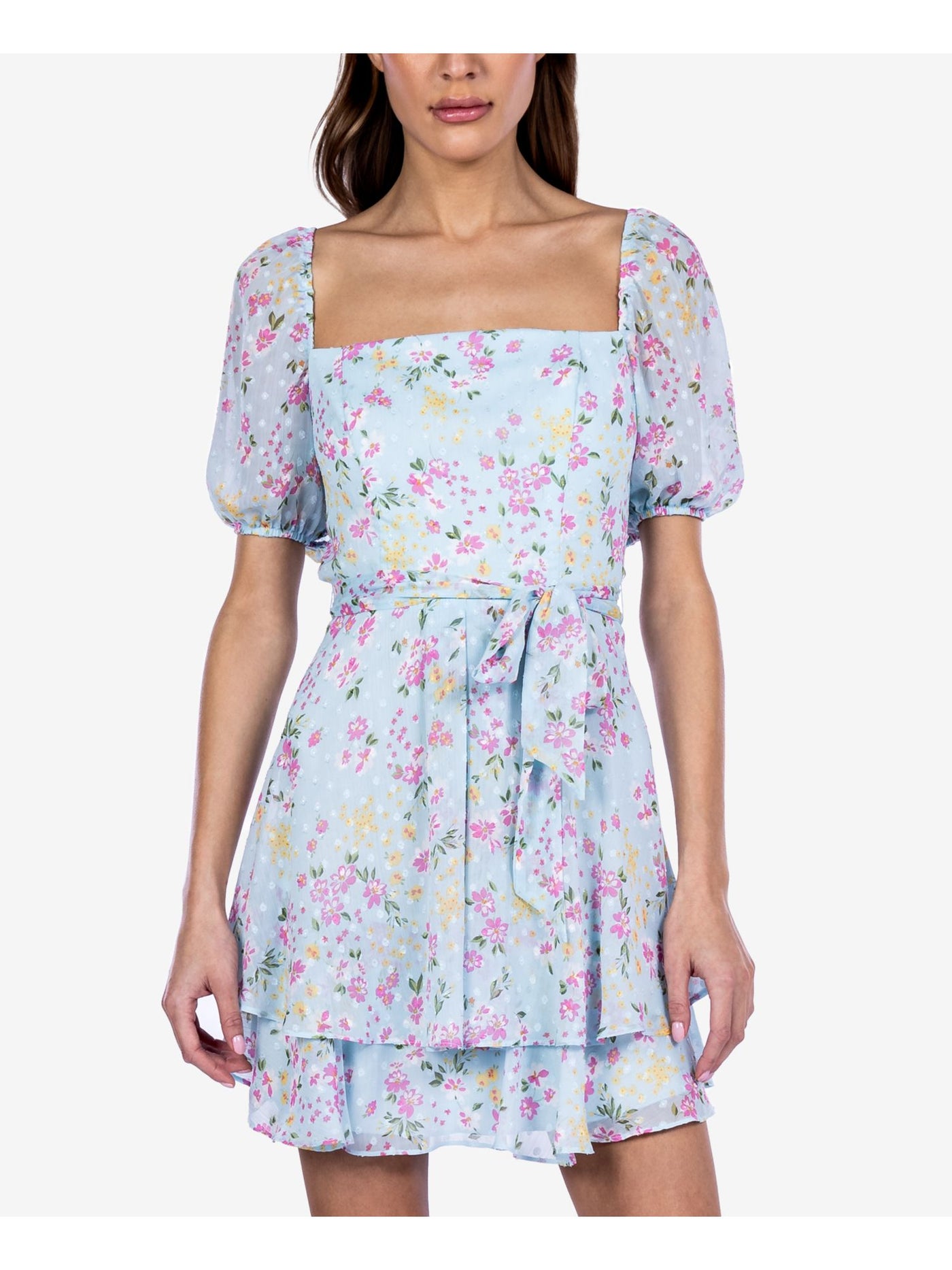 B Darlin Womens Light Blue Zippered Lined Self-tie Belt Tiered Skirt Floral Pouf Sleeve Square Neck Short Party Fit + Flare Dress