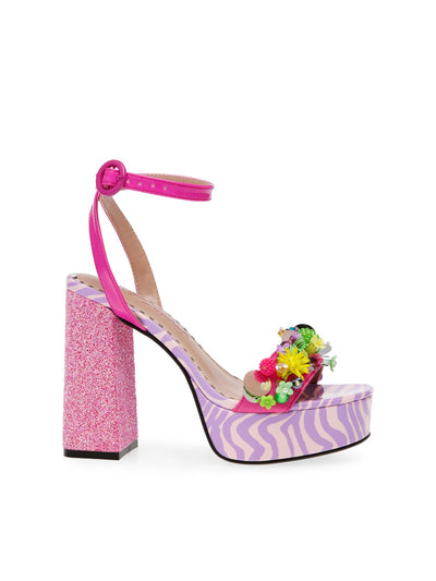 BETSEY JOHNSON Womens Pink Mixed Media 1-1/2" Platform 3-D Embellished Glitter Heel Ankle Strap Padded Jorden Open Toe Block Heel Buckle Heeled Sandal 11 M