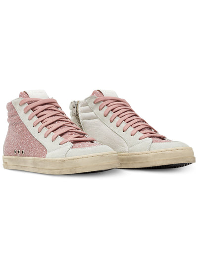 P448 Womens Pink Mixed Media Lace Up Gromets Glitter Padded Skate Round Toe Zip-Up Leather Dress Sneakers Shoes 36