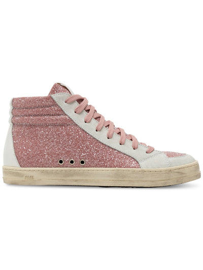 P448 Womens Pink Mixed Media Lace Up Gromets Glitter Padded Skate Round Toe Zip-Up Leather Dress Sneakers Shoes 36