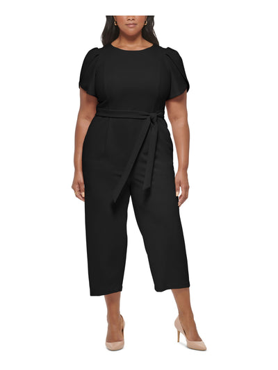 CALVIN KLEIN Womens Black Zippered Pocketed Tie-belt Tulip Sleeve Jewel Neck Wear To Work Cropped Jumpsuit Plus 20W