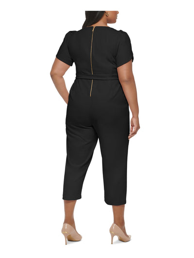 CALVIN KLEIN Womens Black Zippered Pocketed Tie-belt Tulip Sleeve Jewel Neck Wear To Work Cropped Jumpsuit Plus 20W