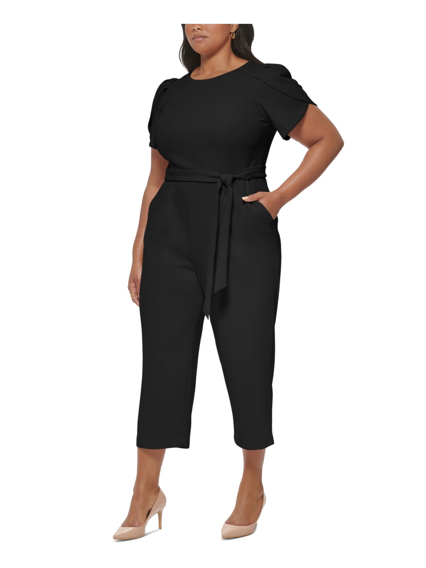 CALVIN KLEIN Womens Black Zippered Pocketed Tie-belt Tulip Sleeve Jewel Neck Wear To Work Cropped Jumpsuit Plus 20W