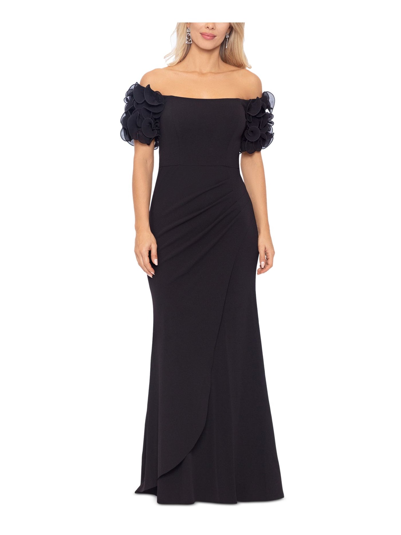 XSCAPE Womens Black Zippered Lined Ruffle Sleeves Short Sleeve Off Shoulder Full-Length Evening Gown Dress 4