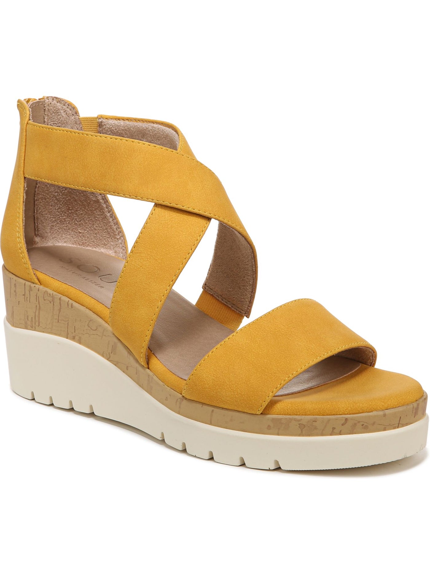 SOUL BY NATURALIZER Womens Yellow 1-1/2" Platform Cork-Like Midsole Padded Goring Arch Support Goodtimes Almond Toe Wedge Zip-Up Heeled Sandal 7.5 M