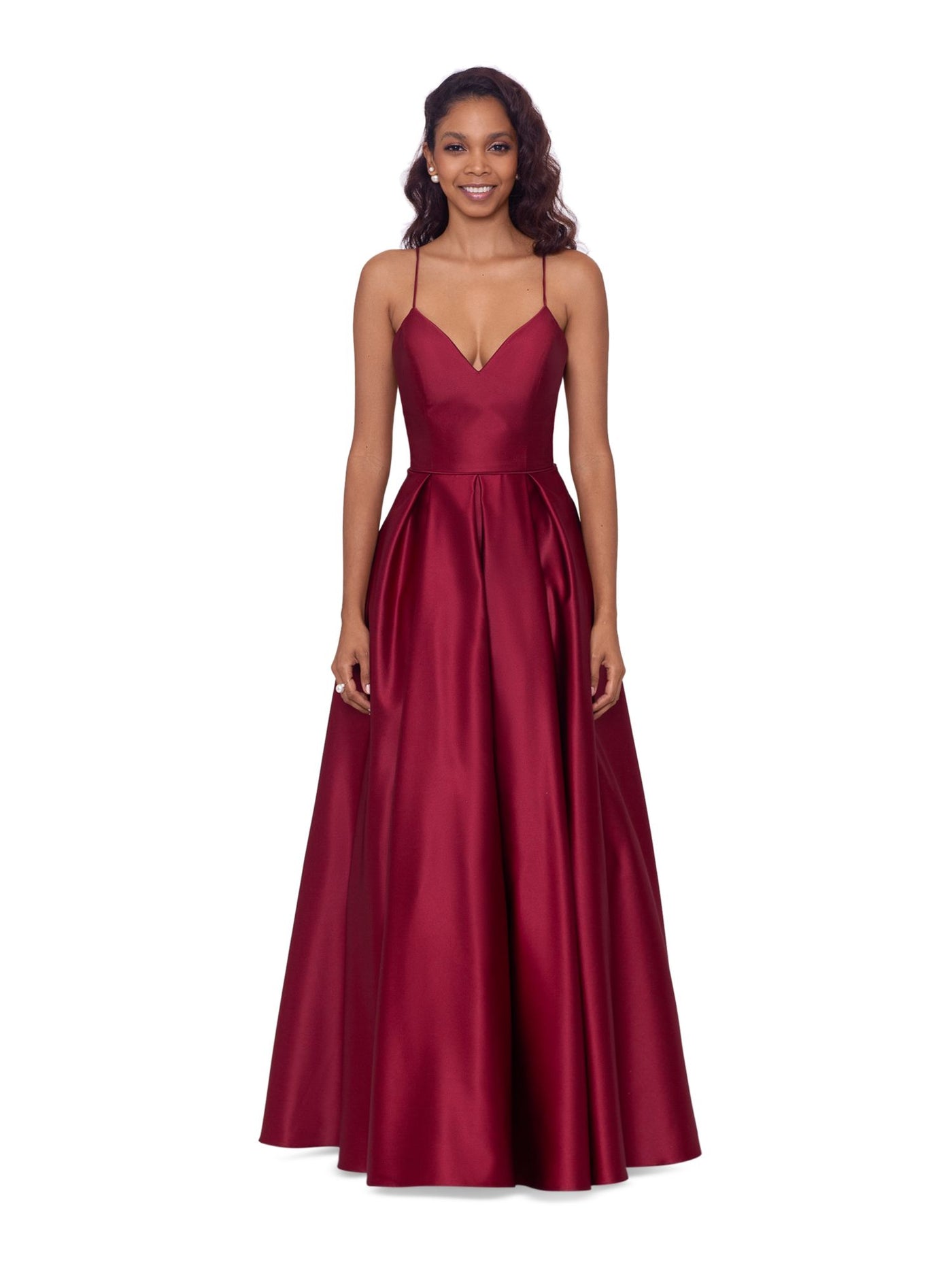 BLONDIE NITES Womens Burgundy Zippered Pleated Lace-up Back Pocketed Lined Spaghetti Strap V Neck Full-Length Formal Gown Dress 9