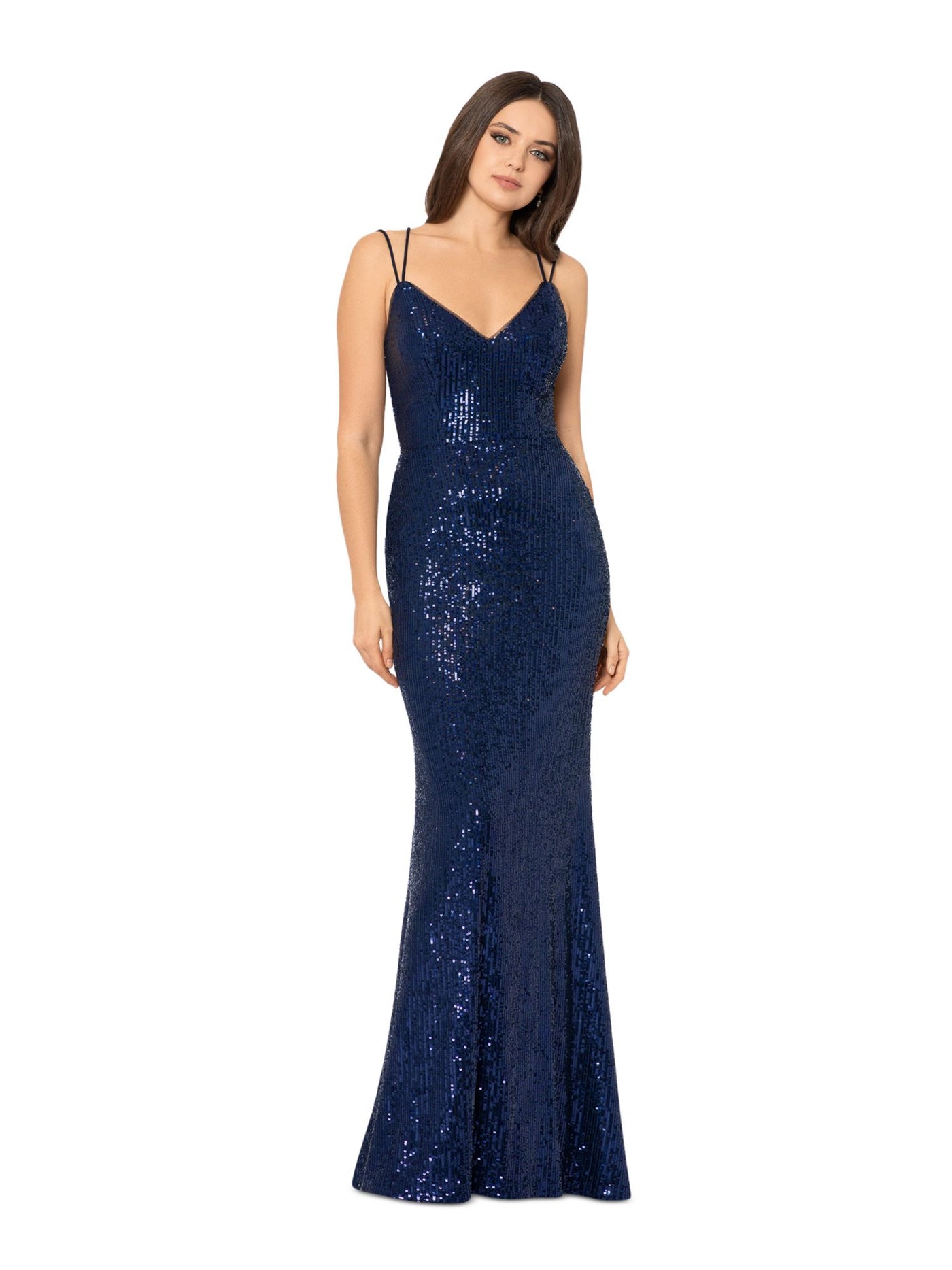 BLONDIE NITES Womens Navy Sequined Lined Lace Up Back Sleeveless V Neck Full-Length Cocktail Sheath Dress Juniors 13