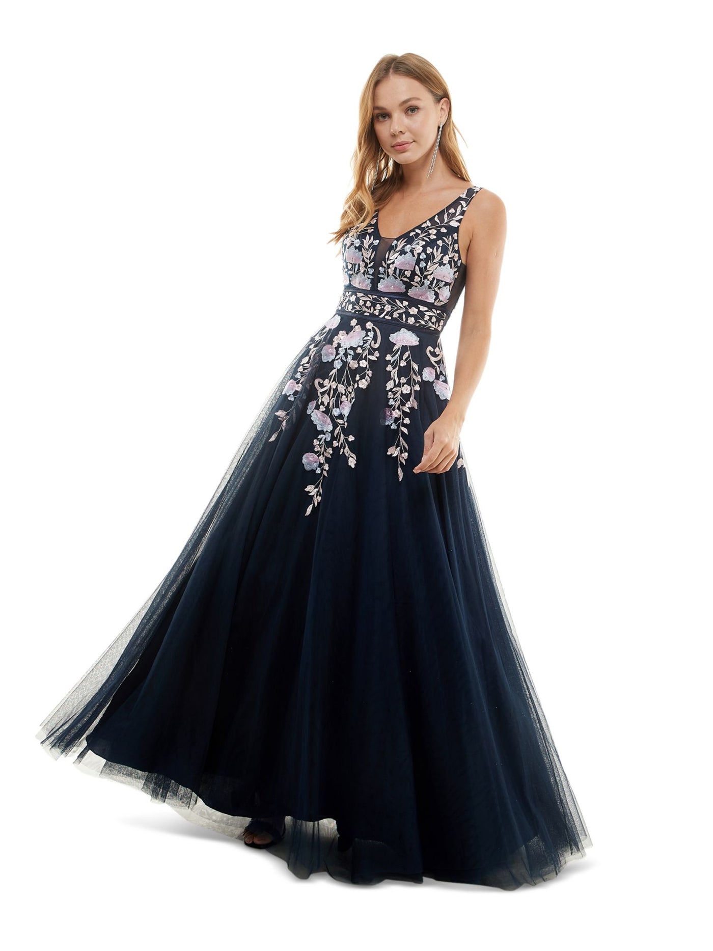 SAY YES TO THE PROM Womens Navy Rhinestone Zippered V Back Tulle Lined Sheer Floral Sleeveless V Neck Full-Length Formal Gown Dress Juniors 5