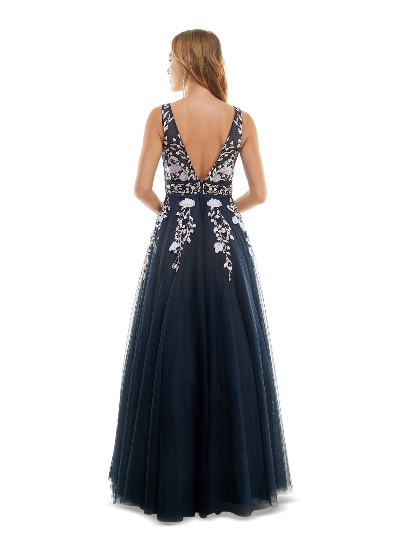 SAY YES TO THE PROM Womens Navy Rhinestone Zippered V Back Tulle Lined Sheer Floral Sleeveless V Neck Full-Length Formal Gown Dress Juniors 1